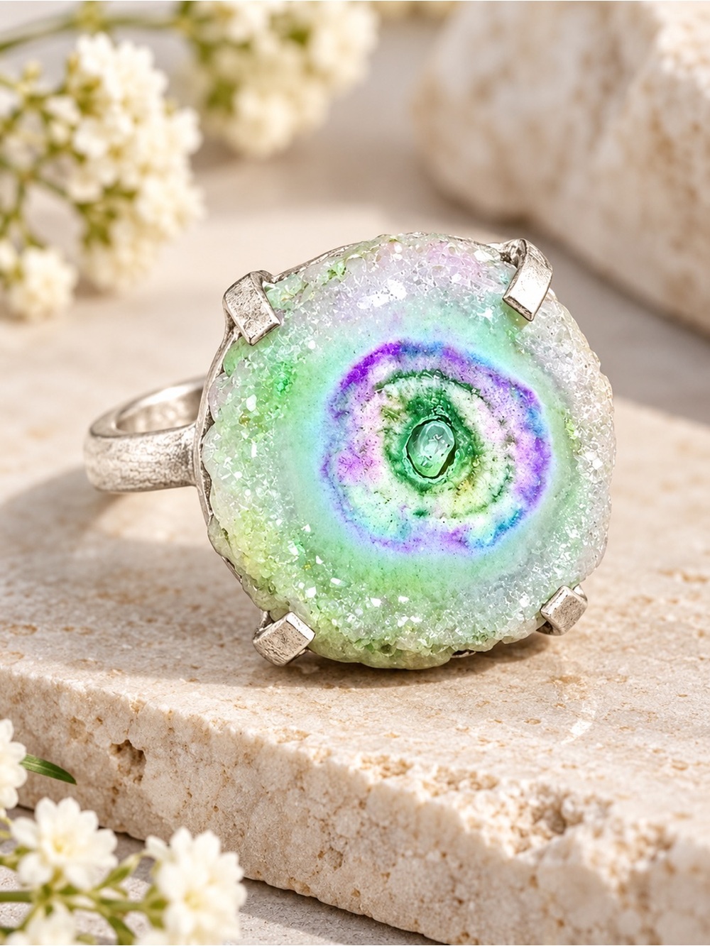 Handcrafted Sterling Silver Solar Quartz Statement Boho Ring Size 6